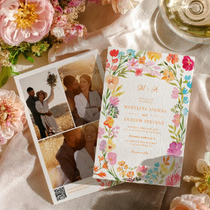 Boho Garden Summer Floral Photo QR Wedding Invitation