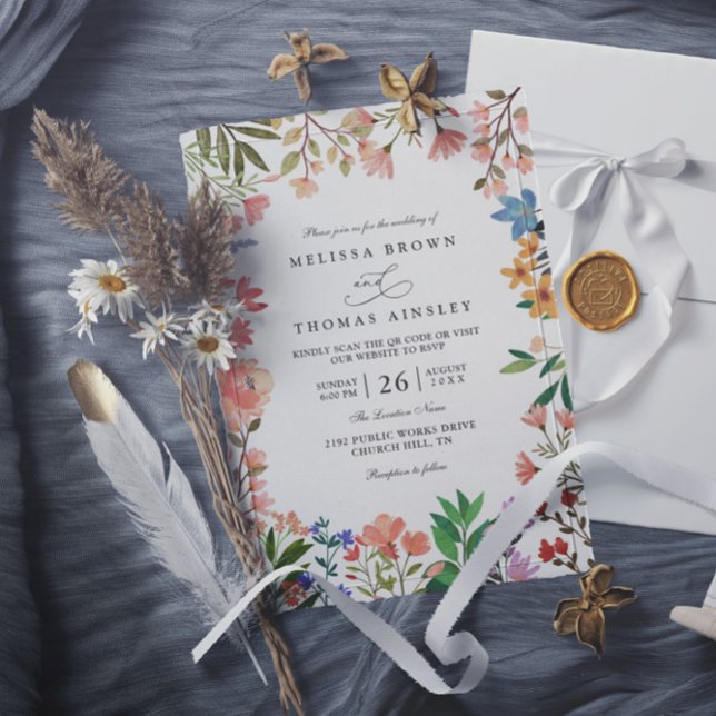 Boho Garden Wildflower Rustic QR Code Wedding Invitation (Creator Uploaded)