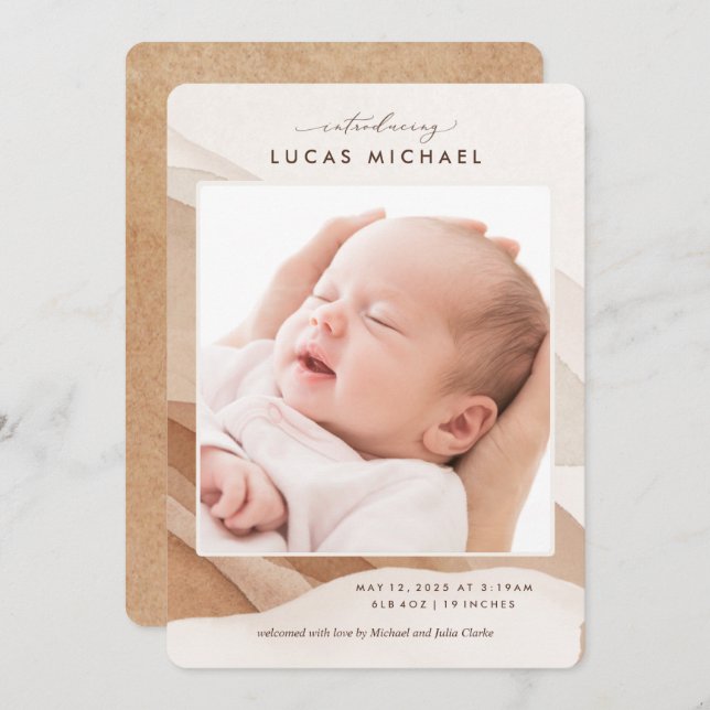 Boho Genre Neutre Beige Aquarelle Faire-part (Devant / Derrière)