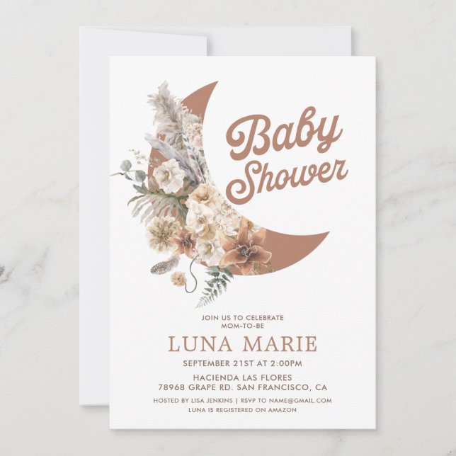 Boho Genre Neutre Lune Baby shower Invitation (Devant)