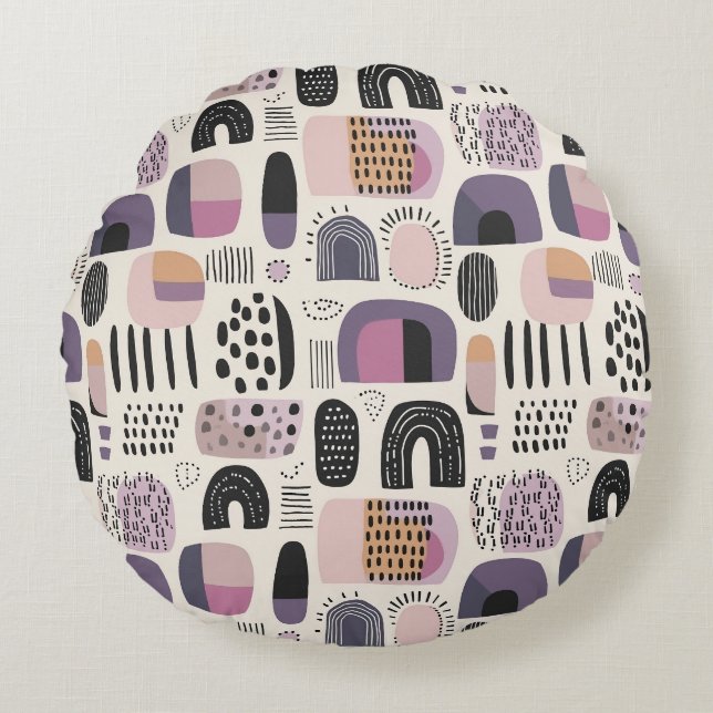 Boho Geometric Abstract Pattern Round Pillow (Front)
