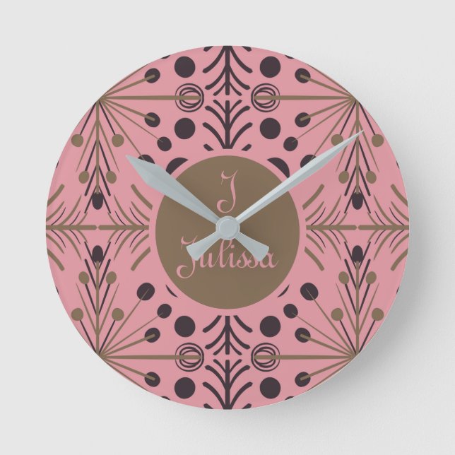 Boho Geometric Arrow Pink Personalized Round Clock (Front)