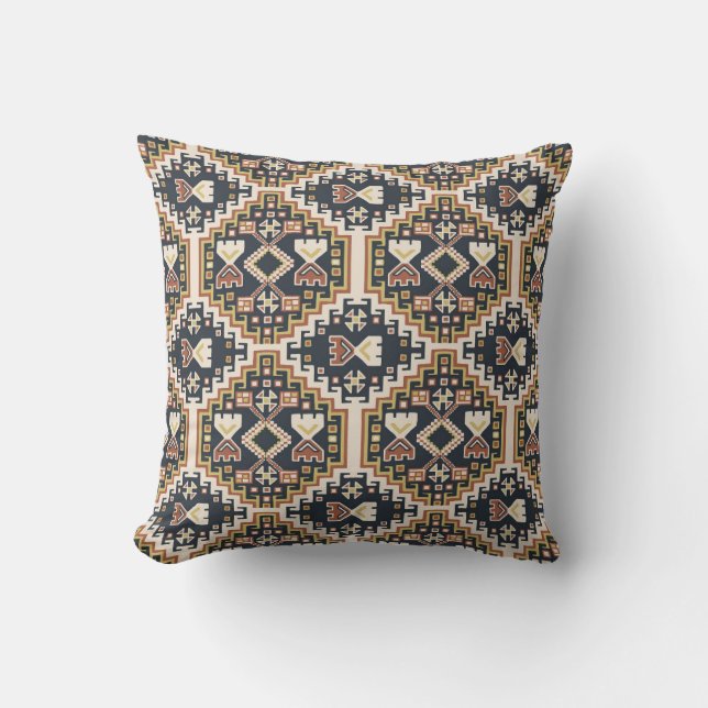 Boho Geometric Black Yellow Tan Pattern Throw Pillow (Front)