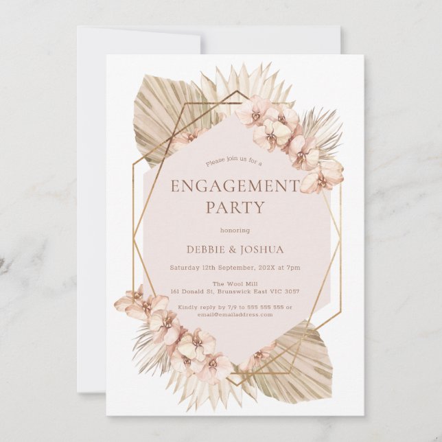 Boho Geometric Blush Floral Palm Engagement Invitation (Front)