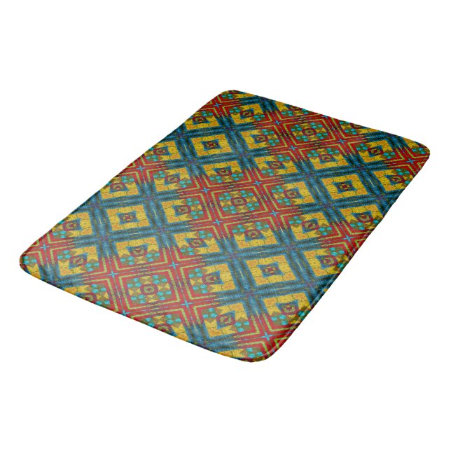 Boho Geometric Brown Red Yellow Blue Ethnic Tribal Bath Mat (Angled)