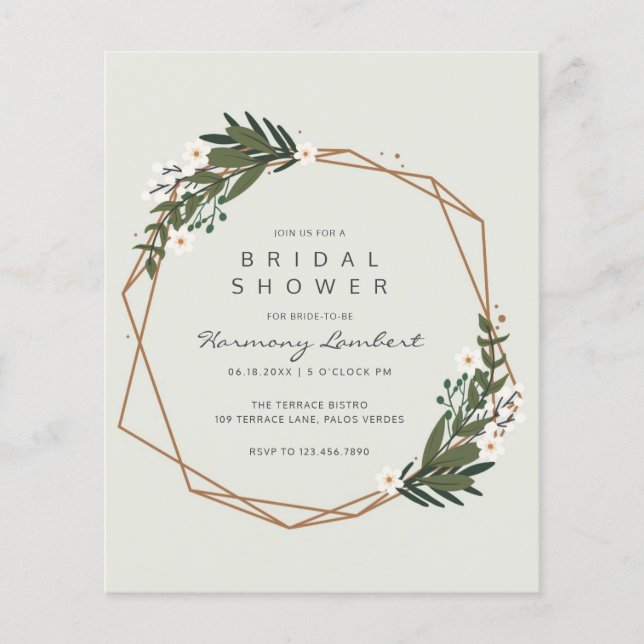Boho Geometric Gold Greenery Budget Bridal Shower Flyer (Front)