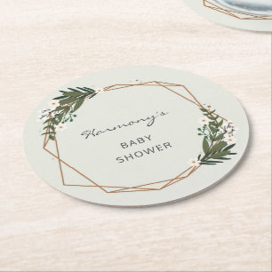 Boho Geometric Greenery Gender Neutral Baby Shower Round Paper Coaster