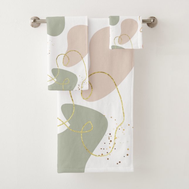 Boho Geometric Organic Shapes Pattern On White Bath Towel Set (Insitu)