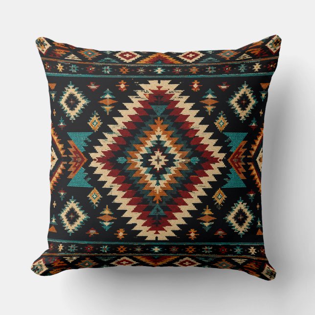 Boho Geometric Textile Pattern – Rustic Teal & Rus Throw Pillow (Front)