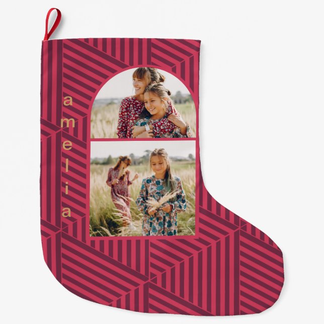 Boho Geometric Two Photo and Name Large Christmas Stocking (Front)