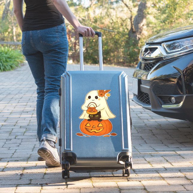 Boho Ghost & Black Cat – Trick or Treat on a Pumpk (Suitcase Insitu)