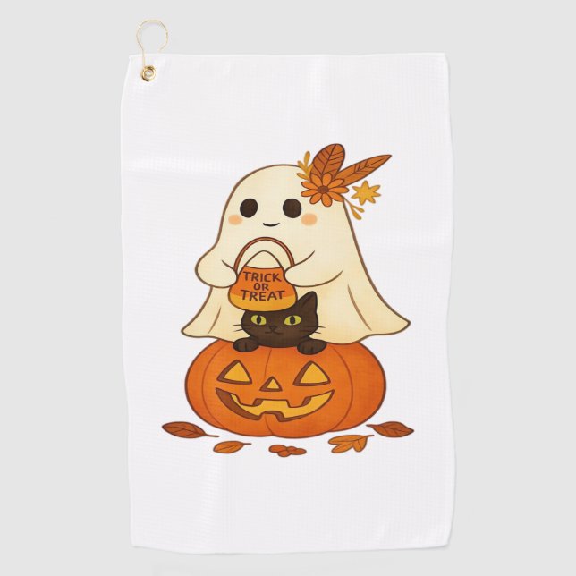 Boho Ghost & Black Cat – Trick or Treat on a Pumpk Golf Towel (Front)