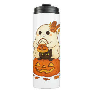 Boho Ghost & Black Cat – Trick or Treat on a Pumpk Thermal Tumbler