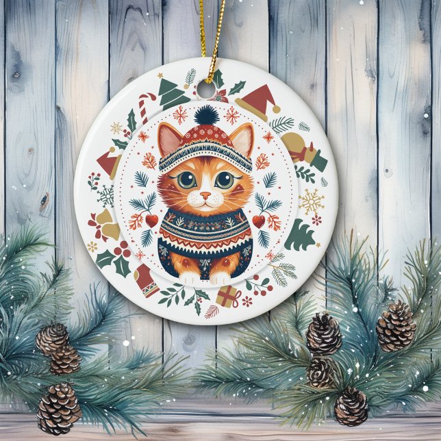 Boho Ginger Cat in Teal Winter Sweater Christmas Ceramic Ornament (Creator Uploaded)