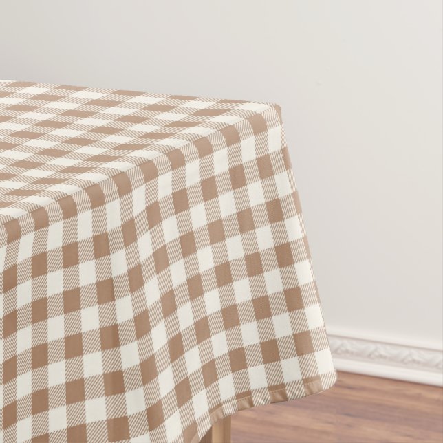 Boho Gingham Pattern Plaid Checkered Tan Brown Tablecloth (In Situ)