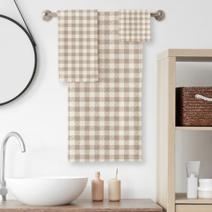Boho Gingham Pattern Plaid Chequered Neutral Bath Towel Set