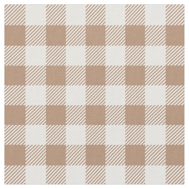 Boho Gingham Pattern Plaid Chequered Tan Brown Fabric (Close Up)