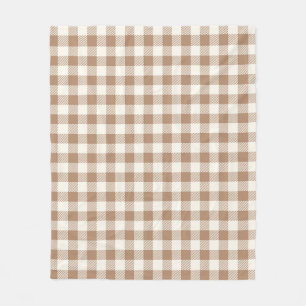 Boho Gingham Pattern Plaid Chequered Tan Brown Fleece Blanket