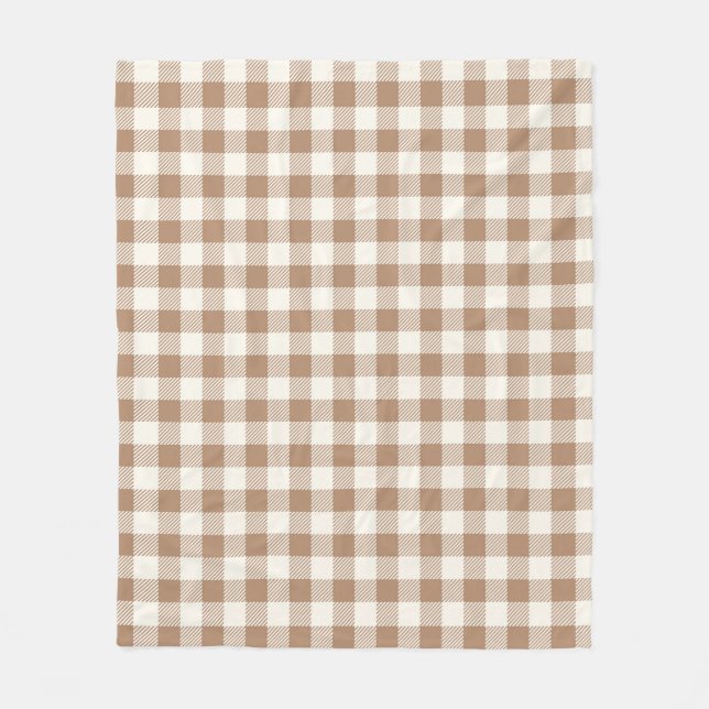 Boho Gingham Pattern Plaid Chequered Tan Brown Fleece Blanket (Front)