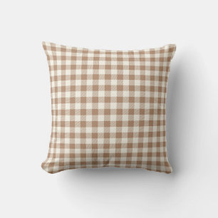 Boho Gingham Pattern Plaid Chequered Tan Brown Throw Pillow