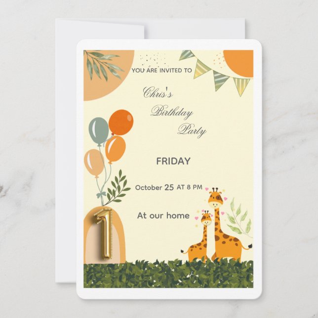 Boho Giraffe First Birthday Invitation  (Front)
