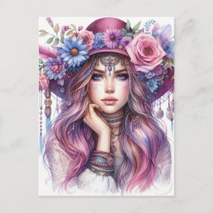 Boho Girl AI Art Bohemian Fashion Postcard