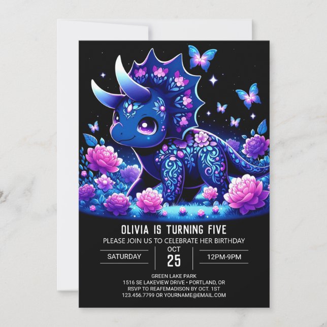 Boho Girl Dinosaur Digital Birthday  Invitation (Front)