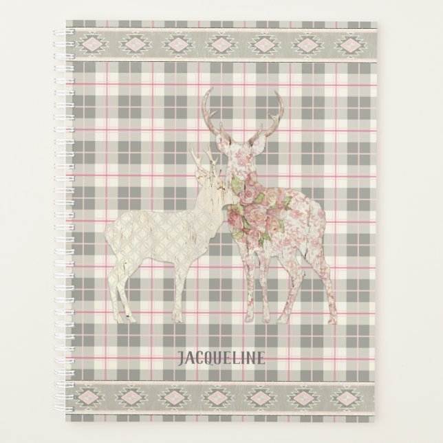 BOHO Girl Lodge Deer Antler rose Grey Plaid Check (Devant)