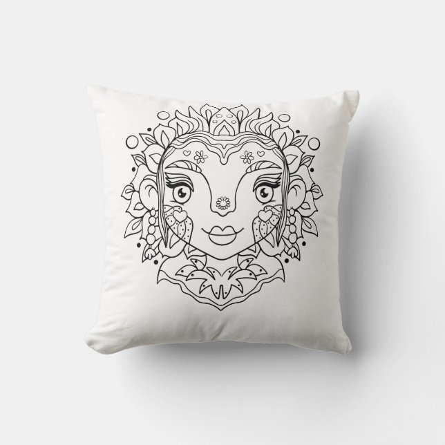 Boho Girl Mandala Throw Pillow (Front)