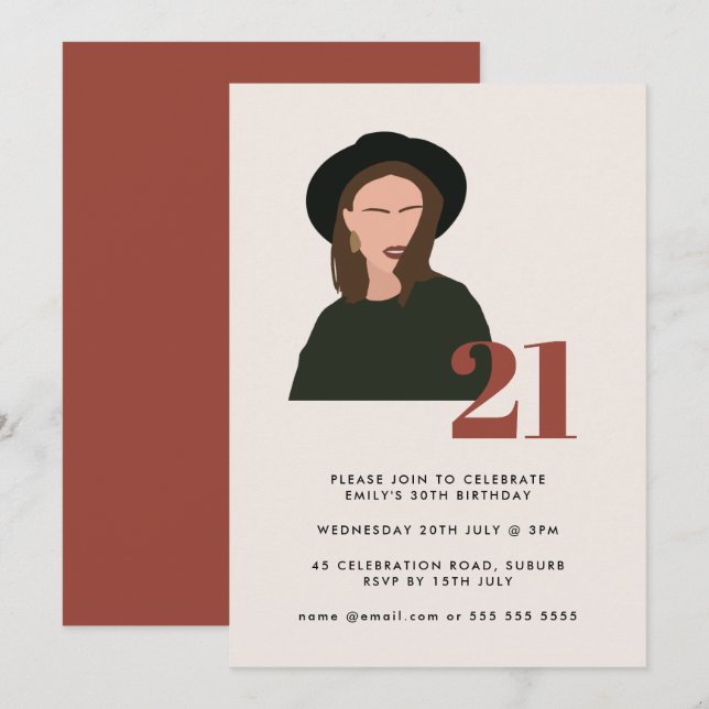 Boho Girl Minimalist Terracotta 21st Birthday Invitation (Front/Back)