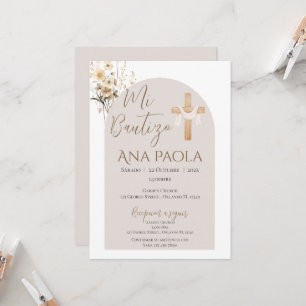 Boho girl's baptism with a bear in clouds invitation