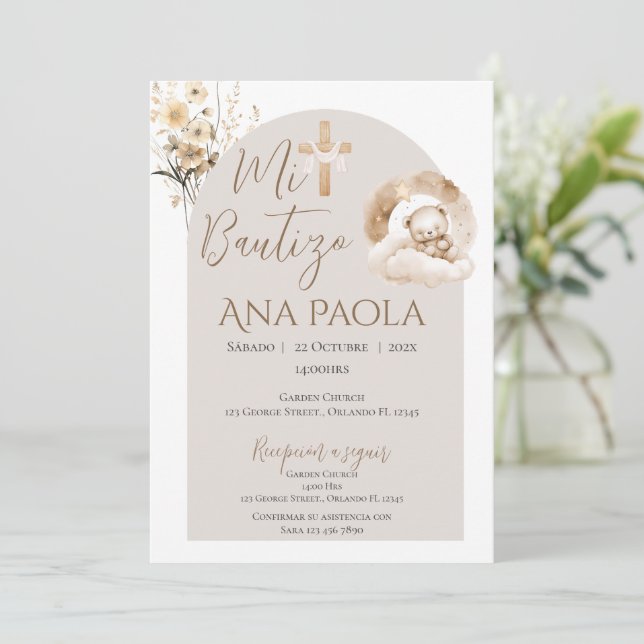 Boho girl's baptism with a bear in clouds invitation (Standing Front)