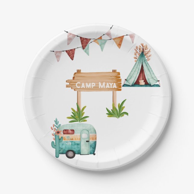 Boho girls camping adventure birthday party paper plate (Front)