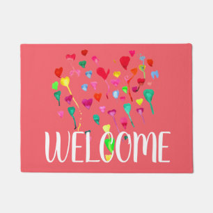 Boho girly colourful watercolor hearts welcome mat