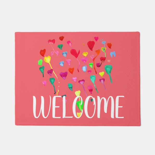 Boho girly colourful watercolor hearts welcome mat (Front)