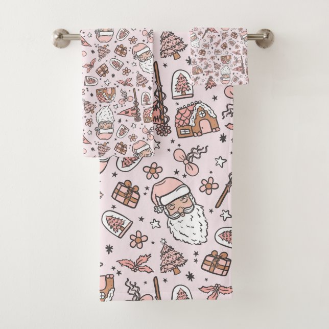 Boho Girly Pink Santa Christmas Doodles Bath Towel Set (Insitu)