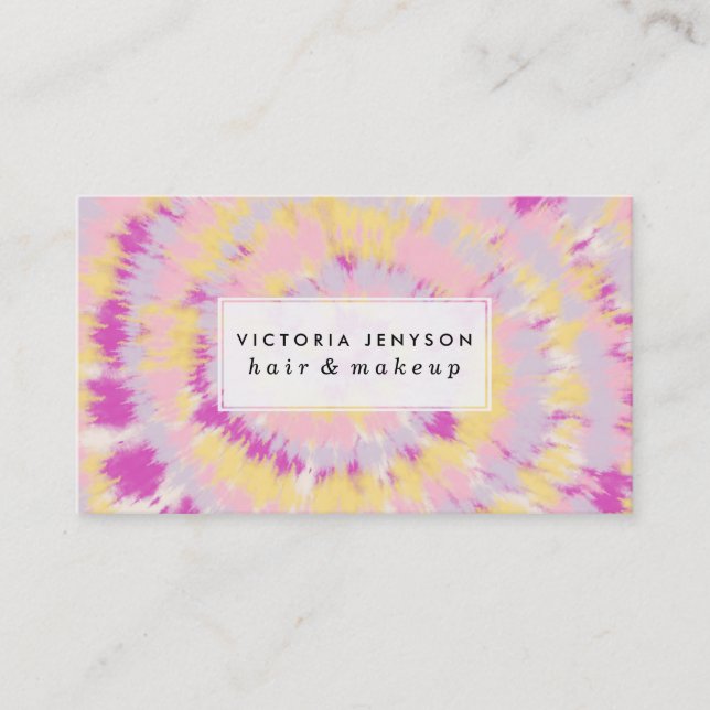 Boho girly purple yellow pink tie dye pattern business card (Front)