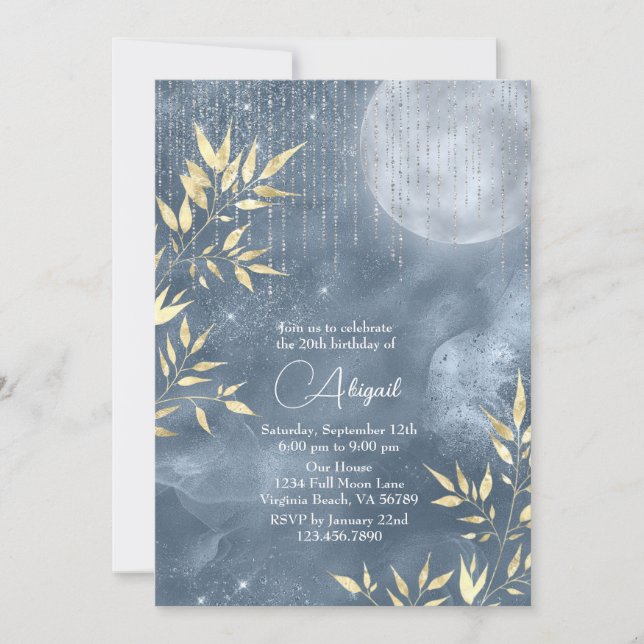 Boho Glam Blue, Silver, Gold Full Moon Birthday Invitation (Front)