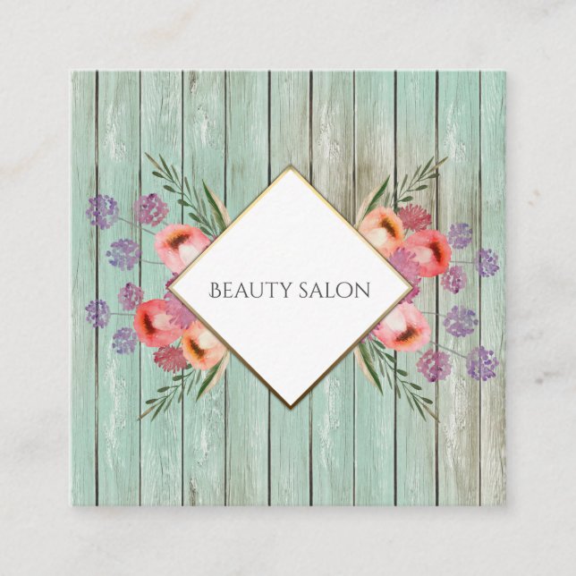Boho Glam elegant chic watercolor floral wood Square Business Card (Front)