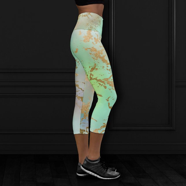 Boho Glam Marble | Neo Mint Green and Gold Glitter Capri Leggings (Creator Uploaded)