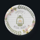 Boho Glamping Bridal Shower - Dusty Paper Plate<br><div class="desc">Glamping theme bridal shower plates featuring an illustration of a green camping lantern at centre surrounded by dusty floral wreath and grey wood background.</div>