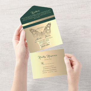 Boho Gold and Emerald Green Wedding All In One Invitation