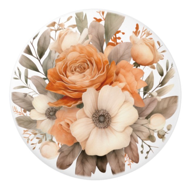 Boho Gold Brown Flowers Floral Ceramic Knob (Front)
