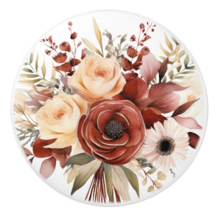 Boho Gold Brown Flowers Floral Ceramic Knob
