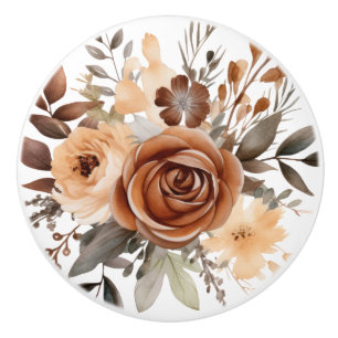 Boho Gold Brown Flowers Floral Ceramic Knob