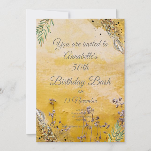 Boho Gold Elegant floral 50th Invitation (Front)