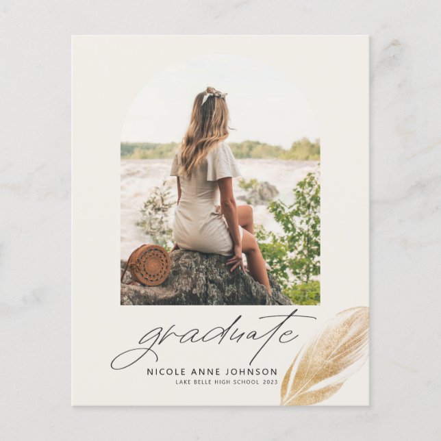 Boho Gold Feather Arch Photo Graduation Invitation (Front)