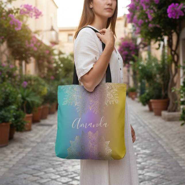 Boho Gold Filigree Mandala Pastel Rainbow Ombre Tote Bag (Creator Uploaded)