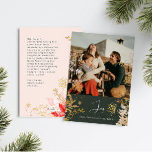 Boho Gold Floral Joy Vertical Photo Christmas Holiday Card