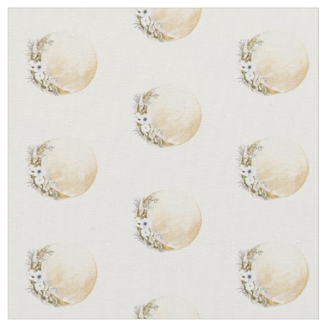 Boho Gold Floral Moon Pattern Fabric (Close Up)
